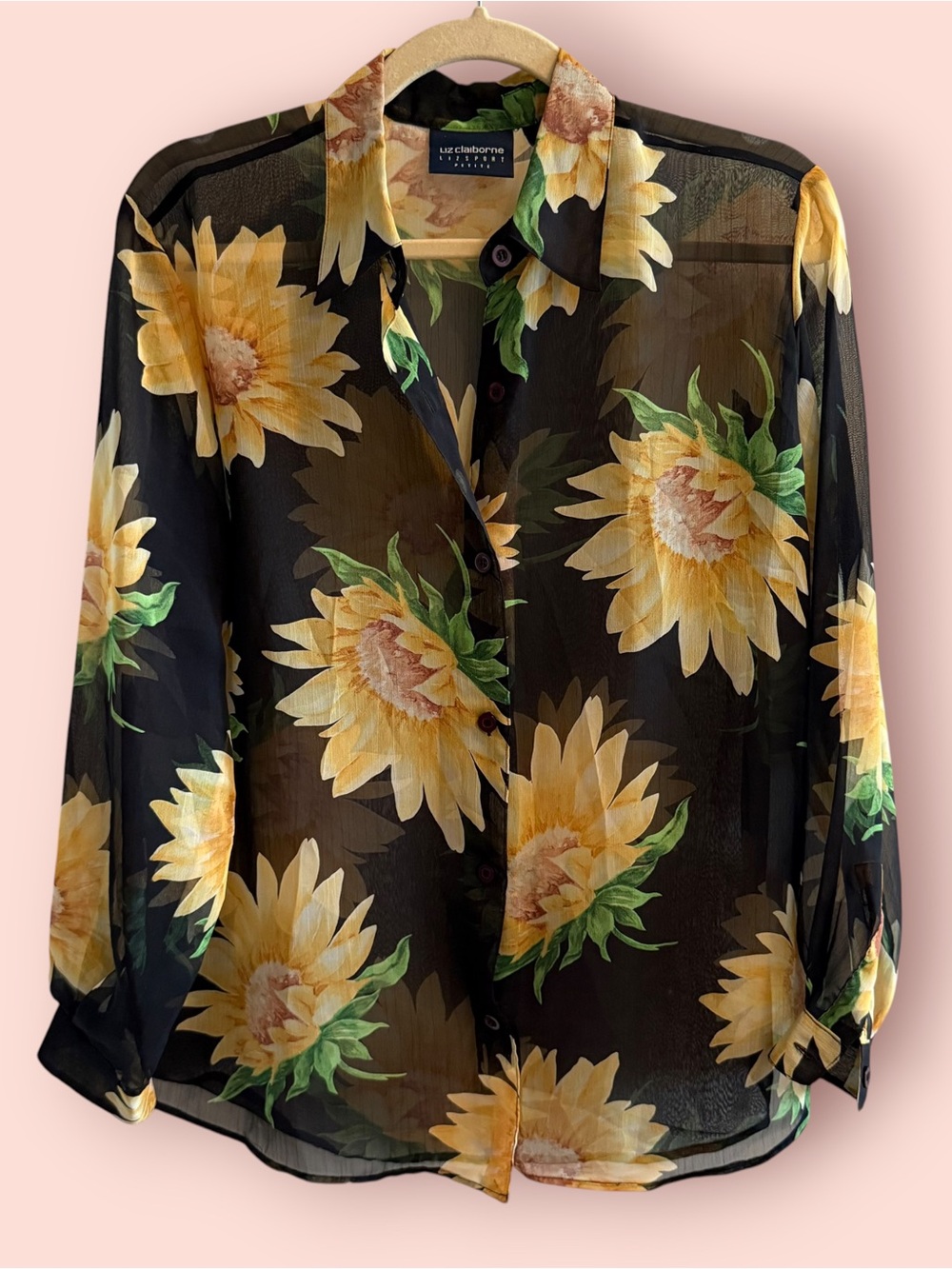 Vintage Liz Claiborne Lizsport Sheer Sunflower Blouse Oversized